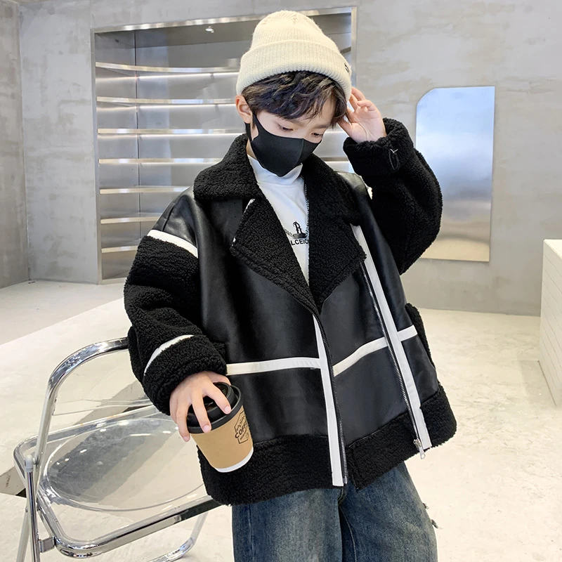 男童加绒皮衣秋冬季儿童皮毛一体洋气大童帅气加厚韩版男孩潮时髦