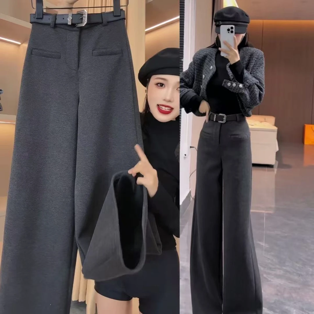 加绒加厚裤子女秋冬季新款休闲小个子宽松显瘦时尚西装窄版阔腿裤