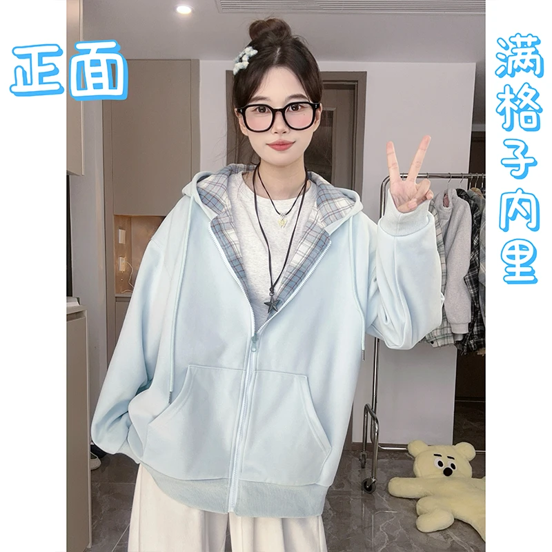 【新版本可两穿】秋季连帽卫衣外套格子女初秋慵懒风卫衣女款薄款