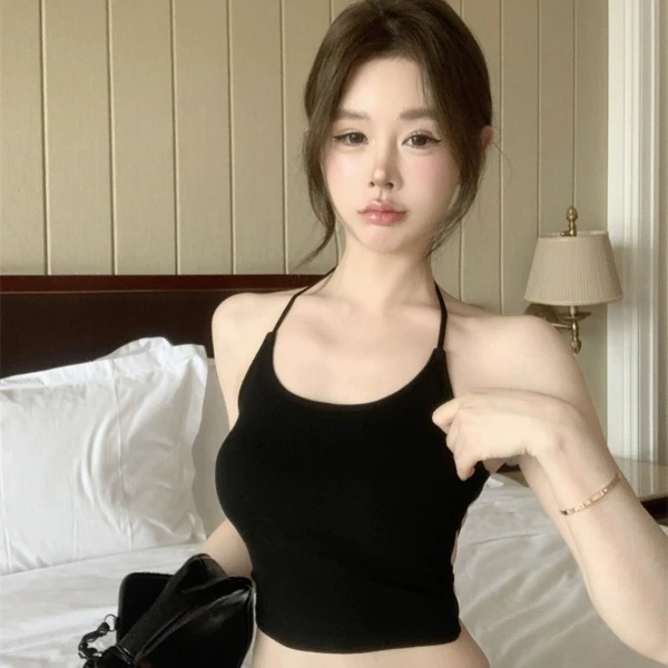 夏季辣妹显瘦短款内搭挂脖白色性感紧身打底无袖网红黑色外穿8891