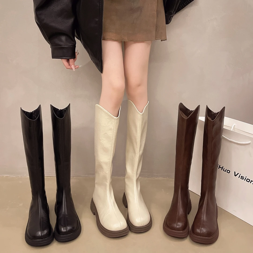 小个子不过膝长靴女2024年秋冬季新款圆头长筒靴百搭不掉筒女靴子