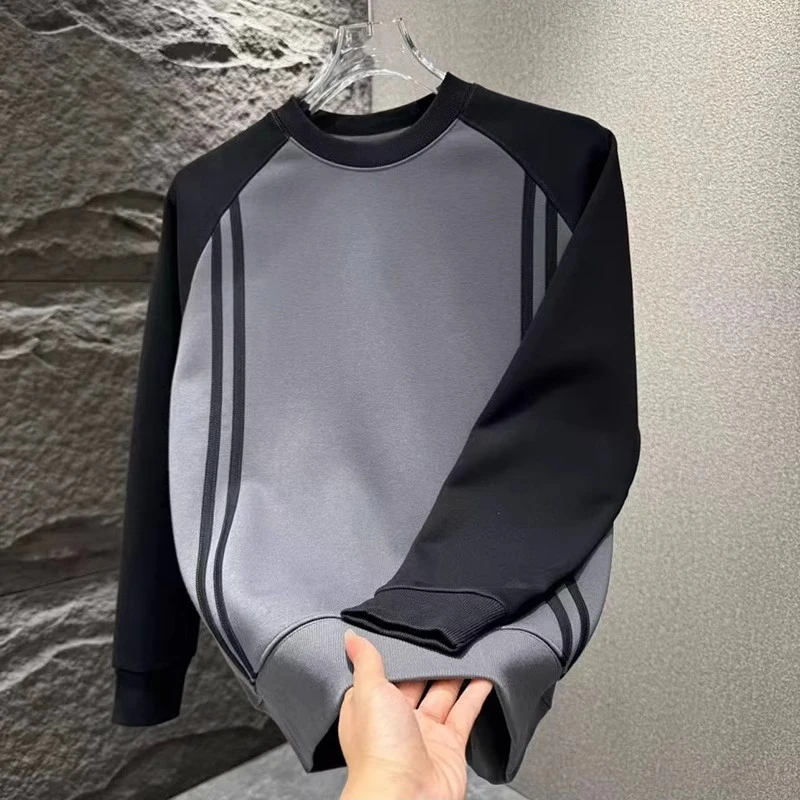 卫衣男士秋冬季加绒百搭宽松高级感体恤衫潮流个性拼色圆领打底衫