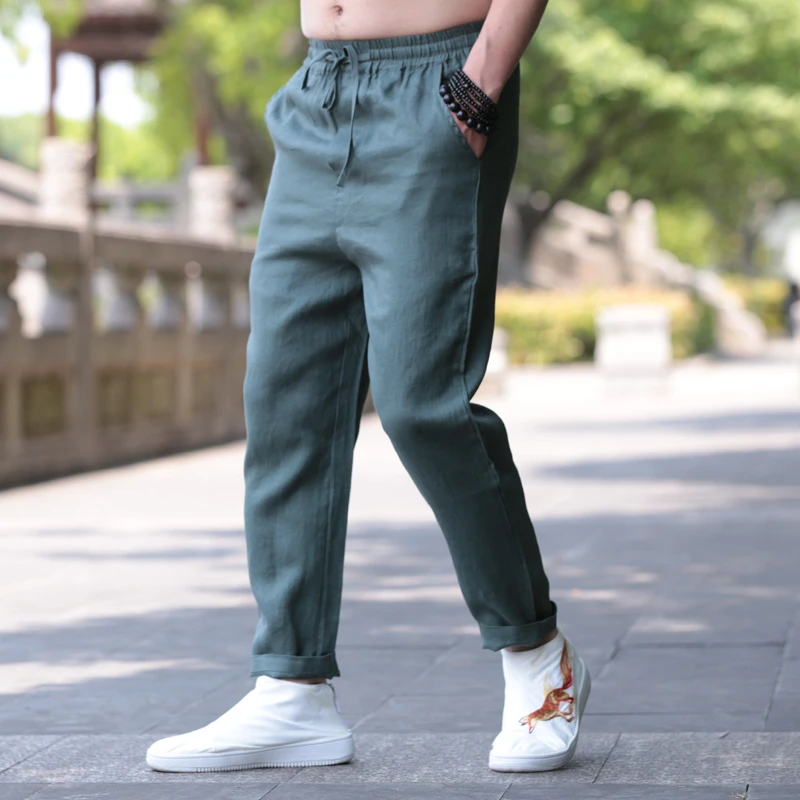 2208亚麻休闲裤男9分夏季薄款中国风唐装男士修身小脚亚麻九分裤