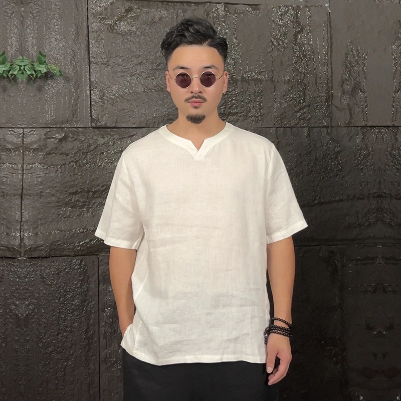 亚麻T恤男士白色短袖休闲装宽松中国风夏季薄款青年棉麻中式上衣