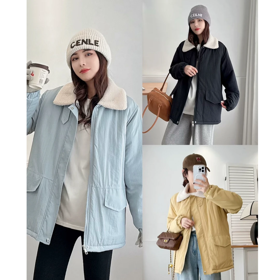 冬季微胖大码时尚显瘦气质加绒加厚纯色ins棉服