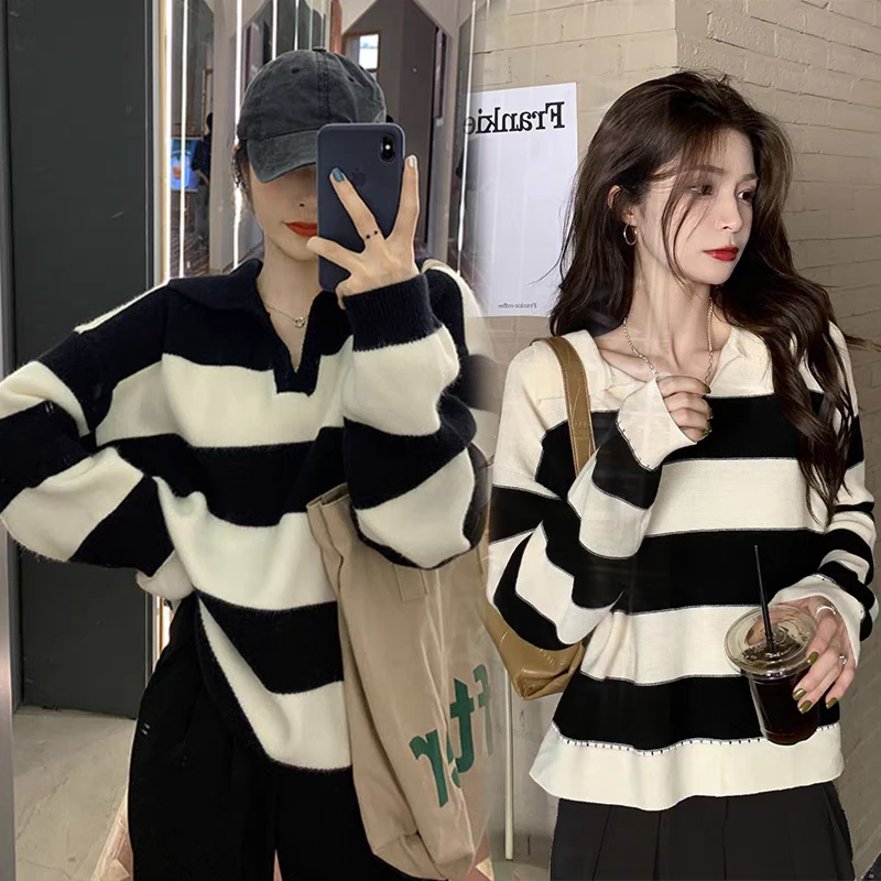 秋季长袖显瘦气质条纹针织衫百搭外穿慵懒风