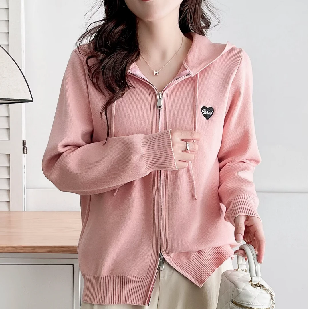 秋季百搭时尚显瘦拉链刺绣连帽衫