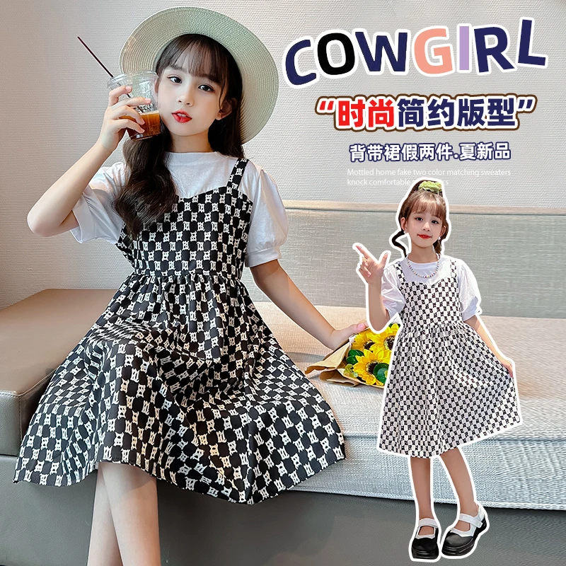 女童假两件夏天连衣裙2023夏季新款儿童洋气碎花时髦公主裙子