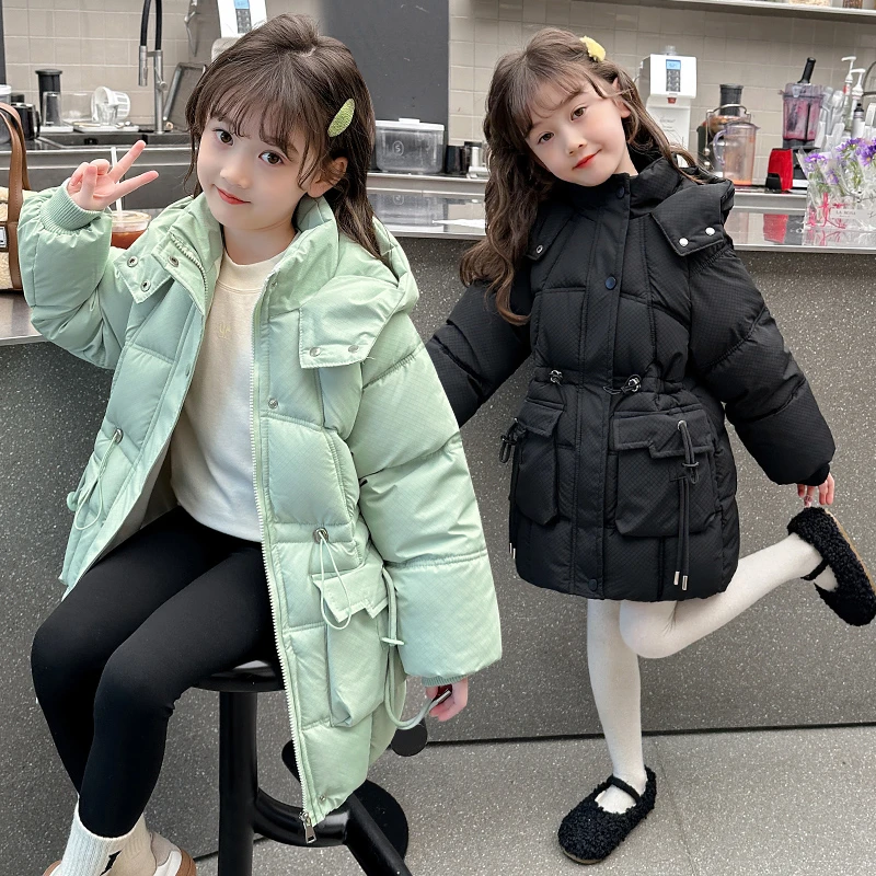 女童收腰棉服棉内胆洋气连帽加厚保暖秋冬中长款中大童时尚