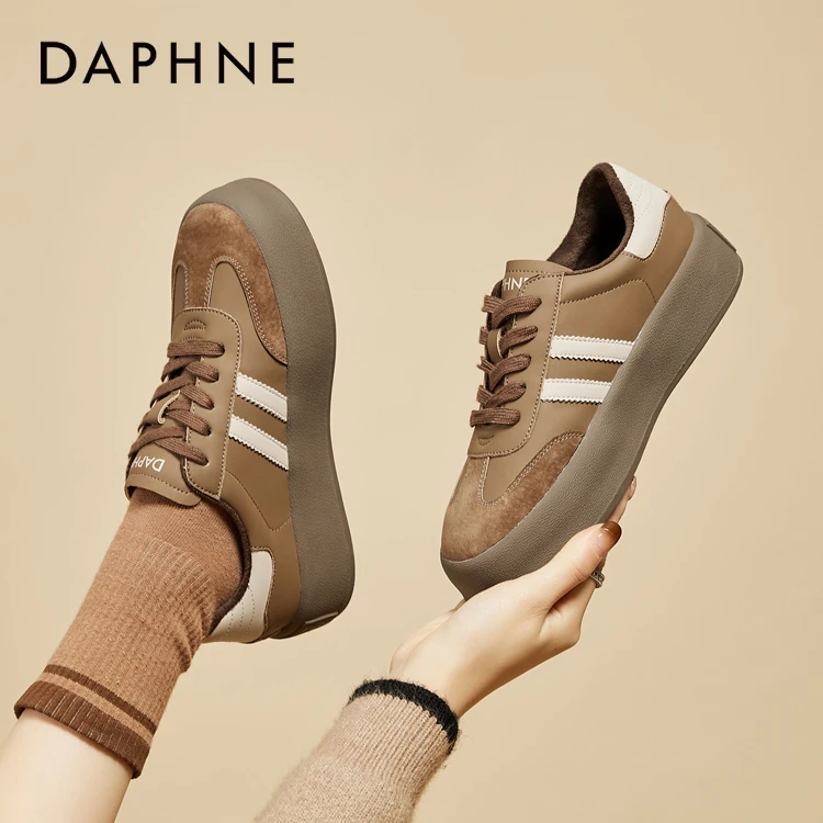 Daphne/达芙妮 2024冬季加绒加厚德训鞋高级感真皮百搭休闲板鞋女