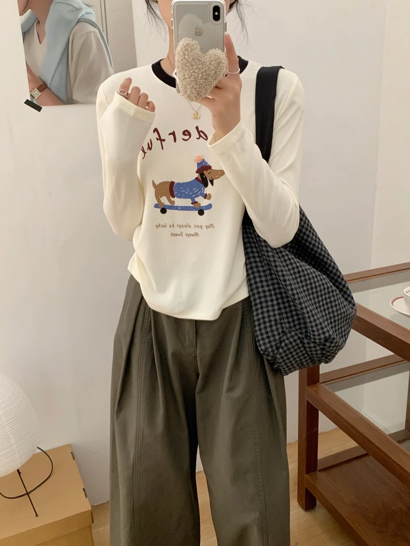 秋季新款高弹滑板腊肠狗撞色领小衫打底上衣