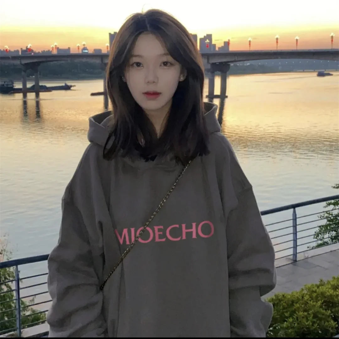 大码女装胖mm新款遮肚子显瘦外套灰色字母印花宽松版加绒加厚卫衣