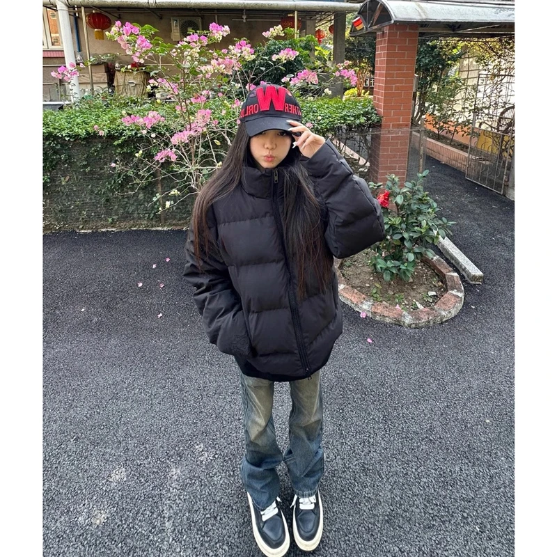 大码女装胖mm秋冬新款美式街头风羽绒棉服加厚保暖立领面包服外套