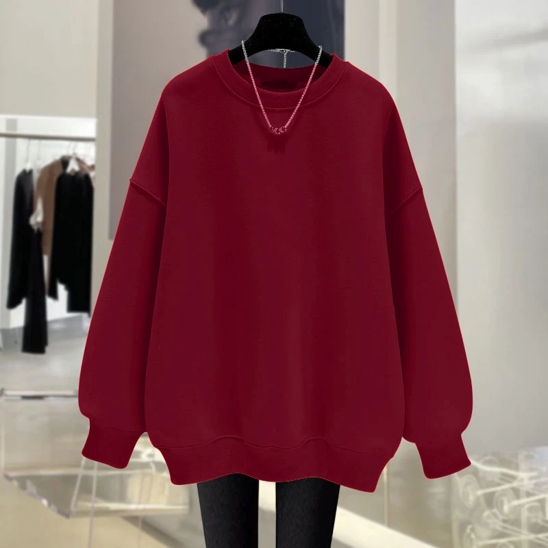 大码女装胖mm新款遮肚显瘦上衣加绒加厚美式复古宽松休闲纯色卫衣