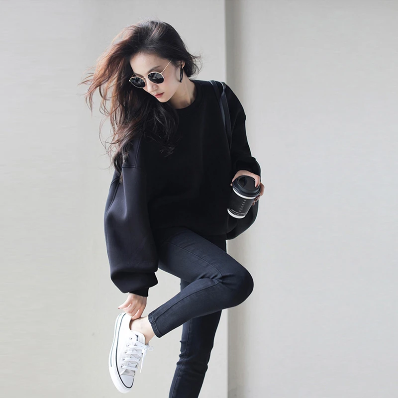 大码女装胖mm新款遮肚显瘦上衣美式简约纯色加绒加厚设计小众卫衣