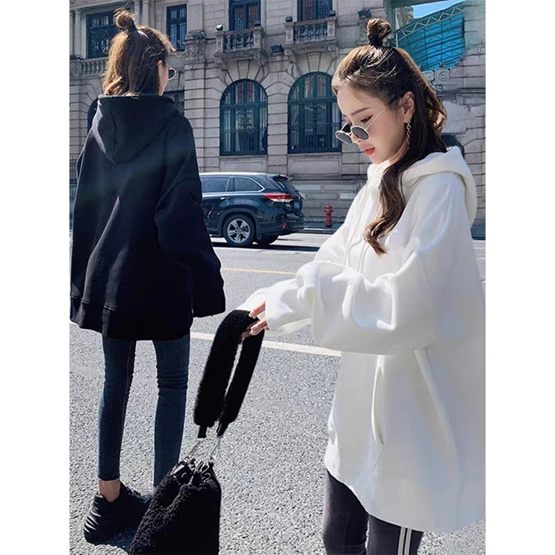 大码女装胖mm新款遮肚显瘦外套重磅美式复古小众加绒加厚连帽卫衣