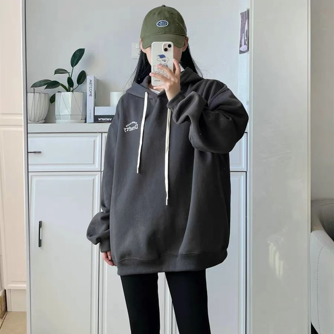 大码女装胖mm新款遮肚子显瘦外套炸街连帽宽松慵懒风加绒加厚卫衣