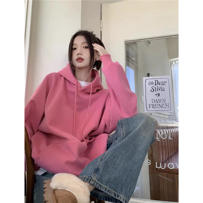 大码女装胖mm新款遮肚显瘦外套加绒加厚韩版慵懒潮牌连帽纯色卫衣