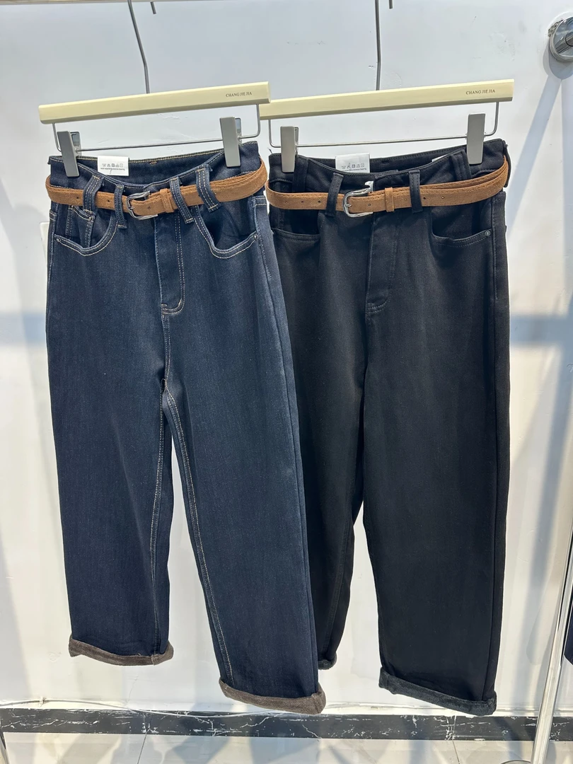 H2-5897微弹九分普兰男友裤加绒复合绒牛仔裤女