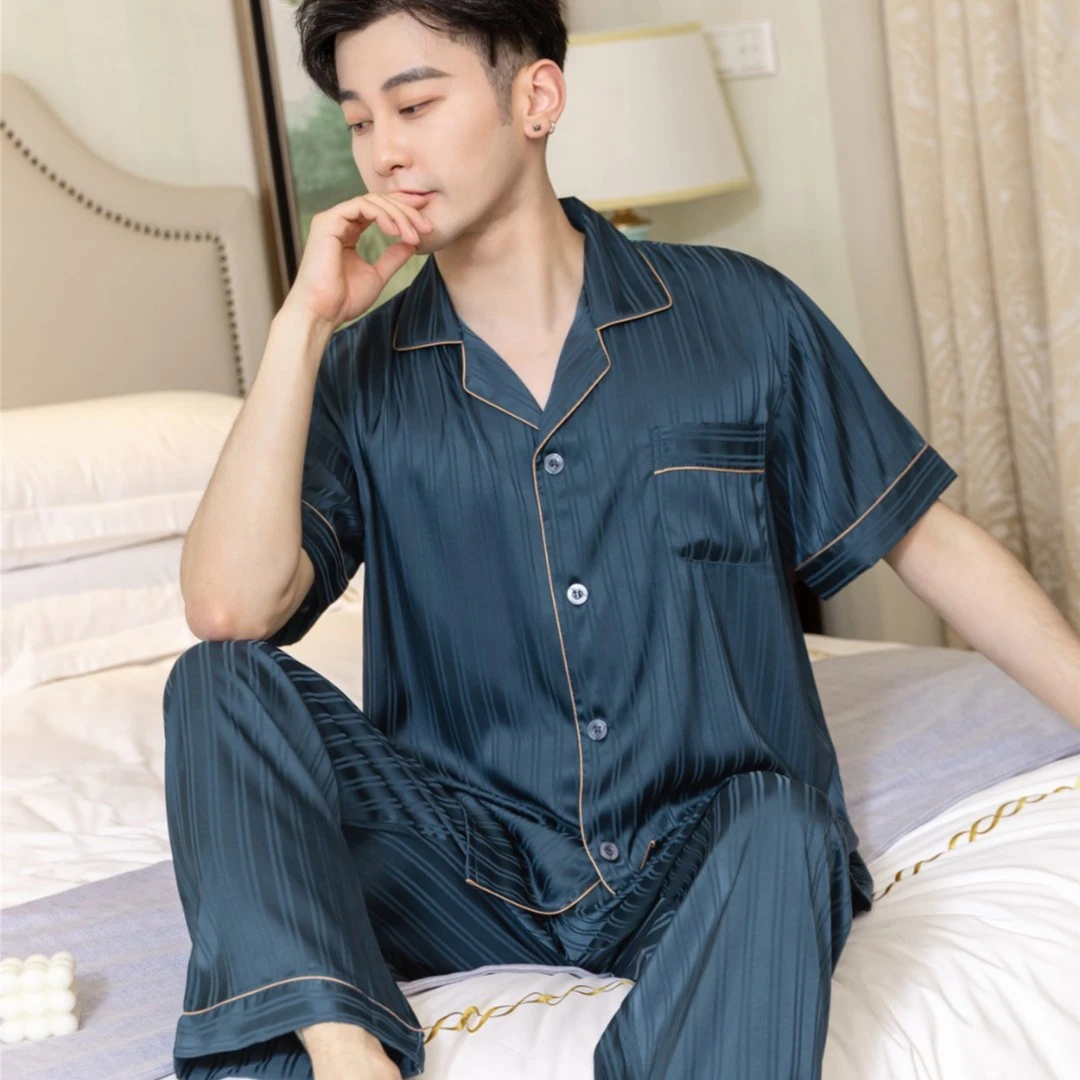 男士春夏季短袖睡衣夏天高端冰雪丝简约宽松大码薄款家居服套装