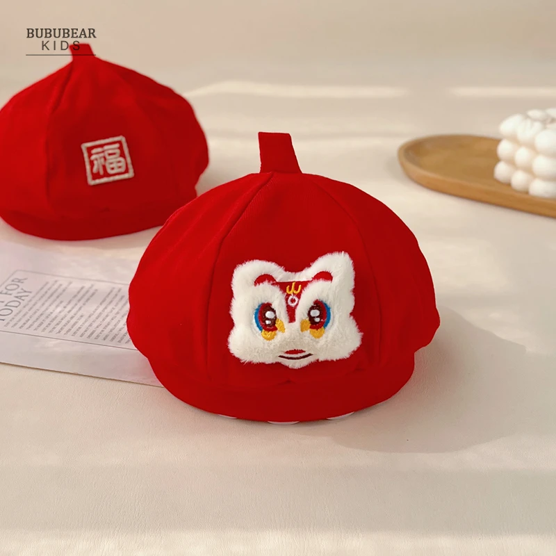 婴儿帽子春秋款百天红色贝雷帽男女宝宝秋季喜庆小月龄醒狮套头帽