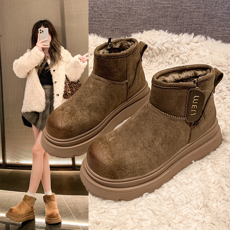 现货时尚休闲雪地靴厚底加绒加厚保暖冬季短靴爆款百搭靴子女款