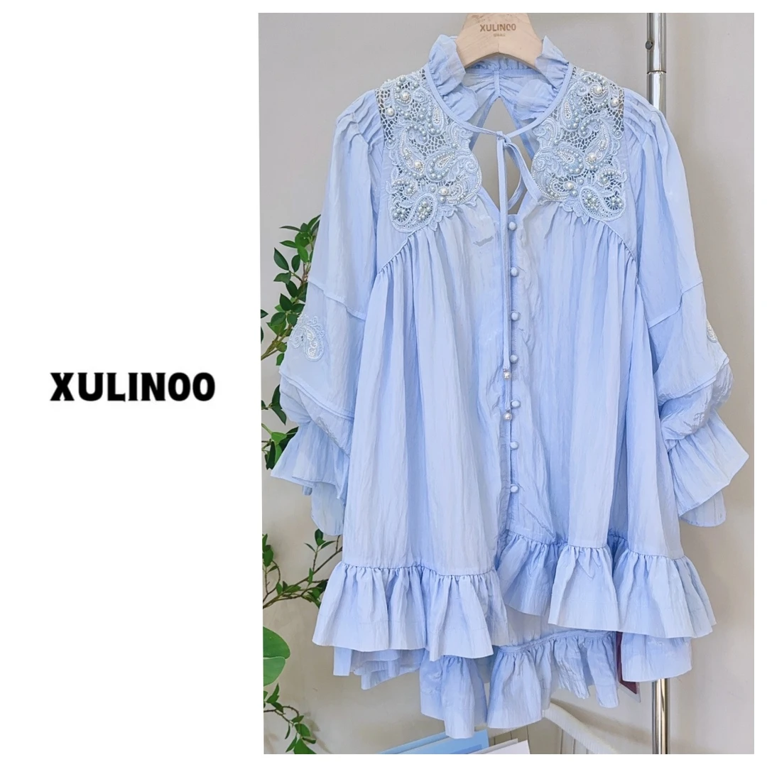 琳心丨蓝色恋人丨春夏时尚新中式蕾丝钉珠镂空蓝色连衣裙 5613