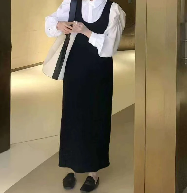 早秋新款慵懒风休闲简约百搭衬衫小众减龄背带连衣裙两件套