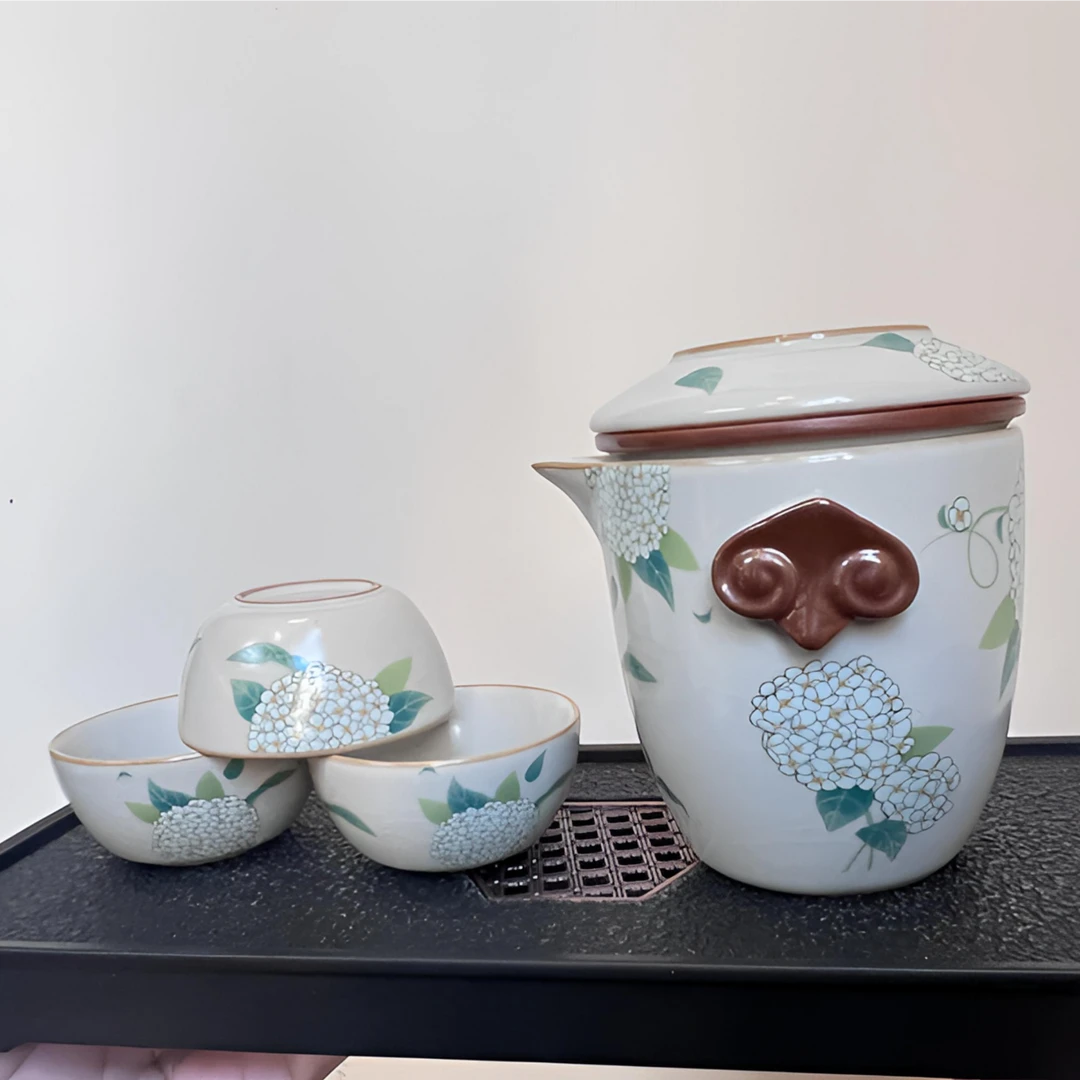 FC-31汝窑手抓壶绣球花快客杯一壶三杯陶瓷养户外旅行茶具便携式