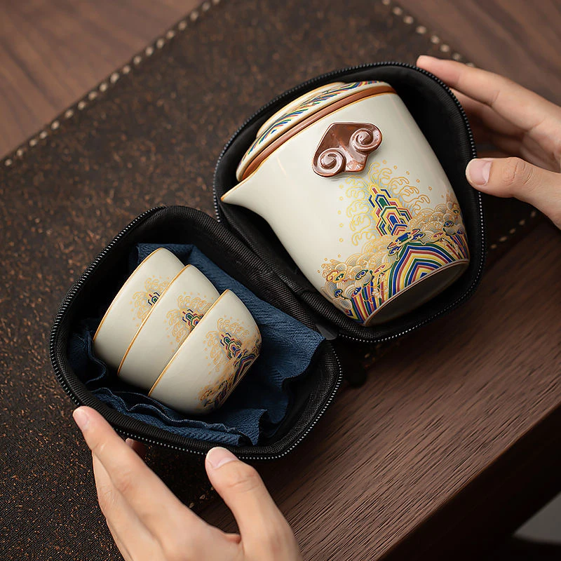 米黄汝窑旅行茶具套装海水江崖纹户外便携一壶三杯快客杯户外露营