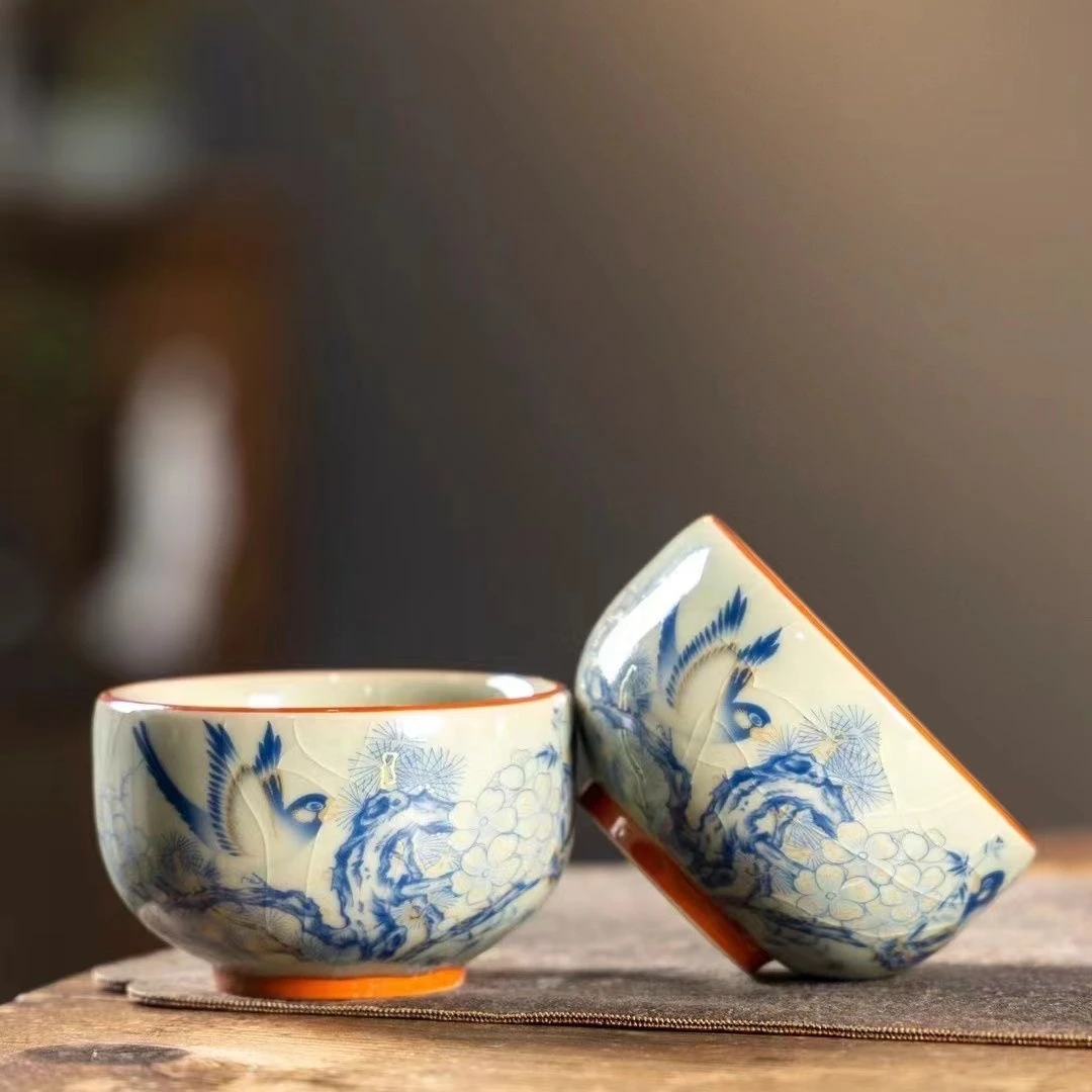 B5【新店福利】汝窑内圆外方杯中国风开片可养线防烫茶杯铜钱杯底