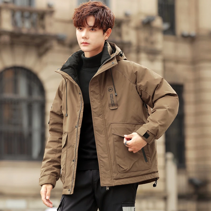 冲锋衣羽绒服男冬季卡其连帽2025新款保暖时尚休闲工装白鸭绒外套