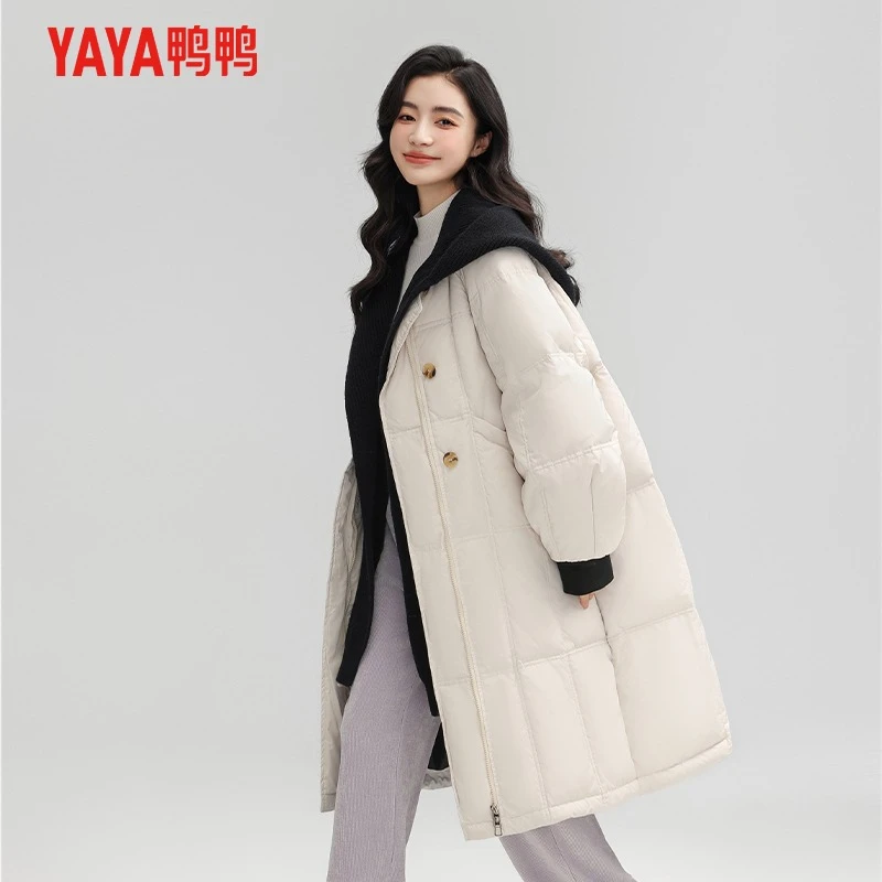 鸭鸭可拆卸连帽假两件羽绒服女冬季2025新款中长款冬季设计感外套