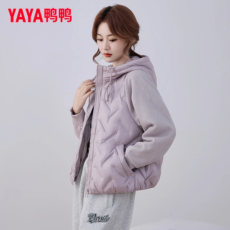 YAYA/鸭鸭羽绒服女2025新款时尚拼接针织潮连帽修身显瘦短款外套
