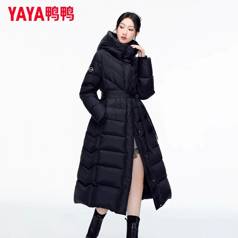YAYA/鸭鸭羽绒服长款过膝收腰修身气质高端大牌黑色冬季外套2024