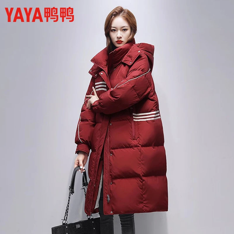 鸭鸭品牌羽绒服女2024年冬季新款中长款红色连帽时尚休闲保暖外套