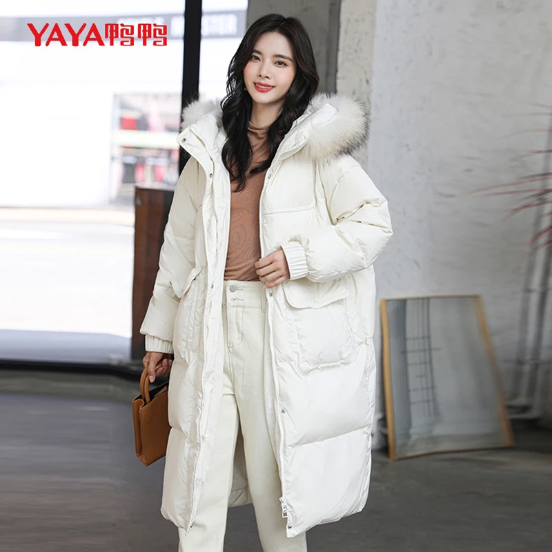 鸭鸭女冬季羽绒服中长款保暖高端大毛领时尚过膝加厚鸭绒外套潮