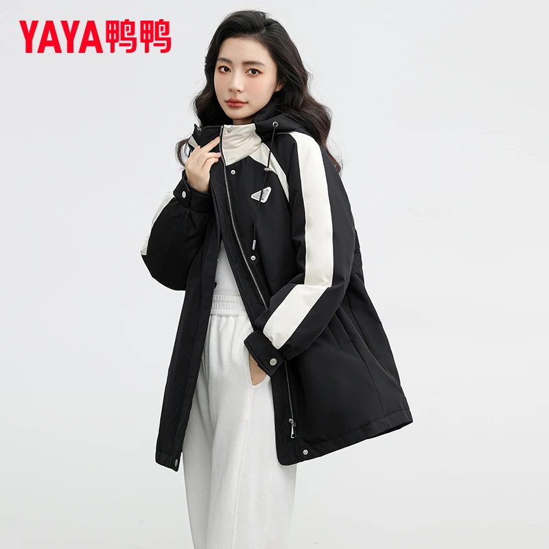 鸭鸭撞色派克羽绒服女中长款2025冬季新款时尚加厚保暖工装外套潮