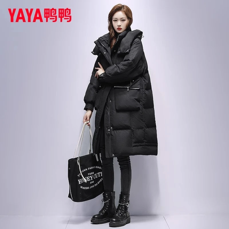 YAYA/鸭鸭羽绒服女冬中长款2025年冬季时尚高端大牌连帽加厚外套