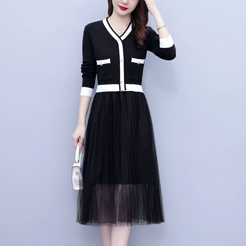 法式高档气质女装2024春秋冬百褶时尚拼接网纱针织洋气修身收腰