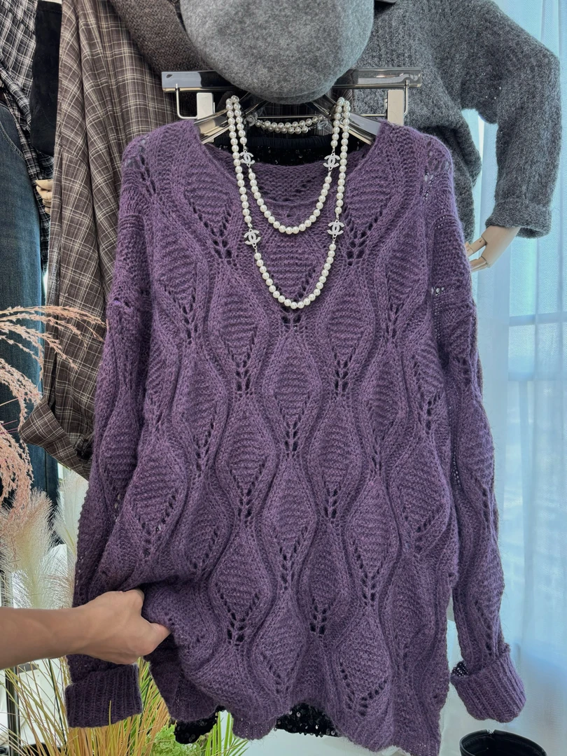 春季 紫色马海毛纯色羊毛衫长袖毛针织上衣重工设计时尚百搭长袖