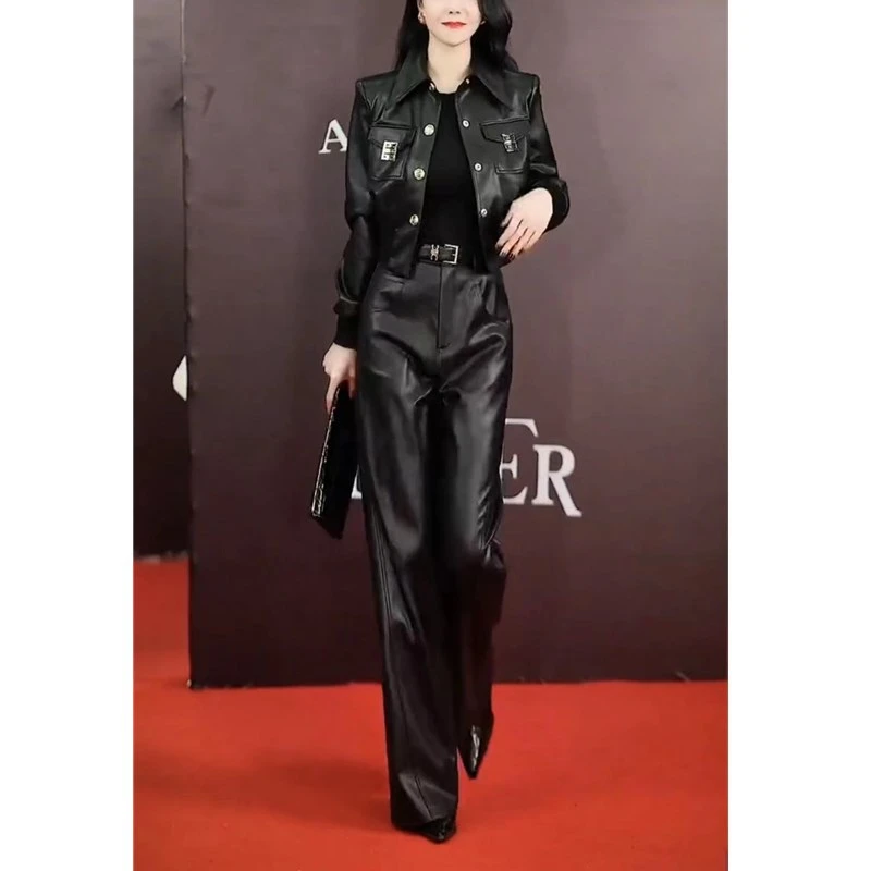 秋冬新款成熟御姐皮衣外套+皮裤时尚显瘦女潮