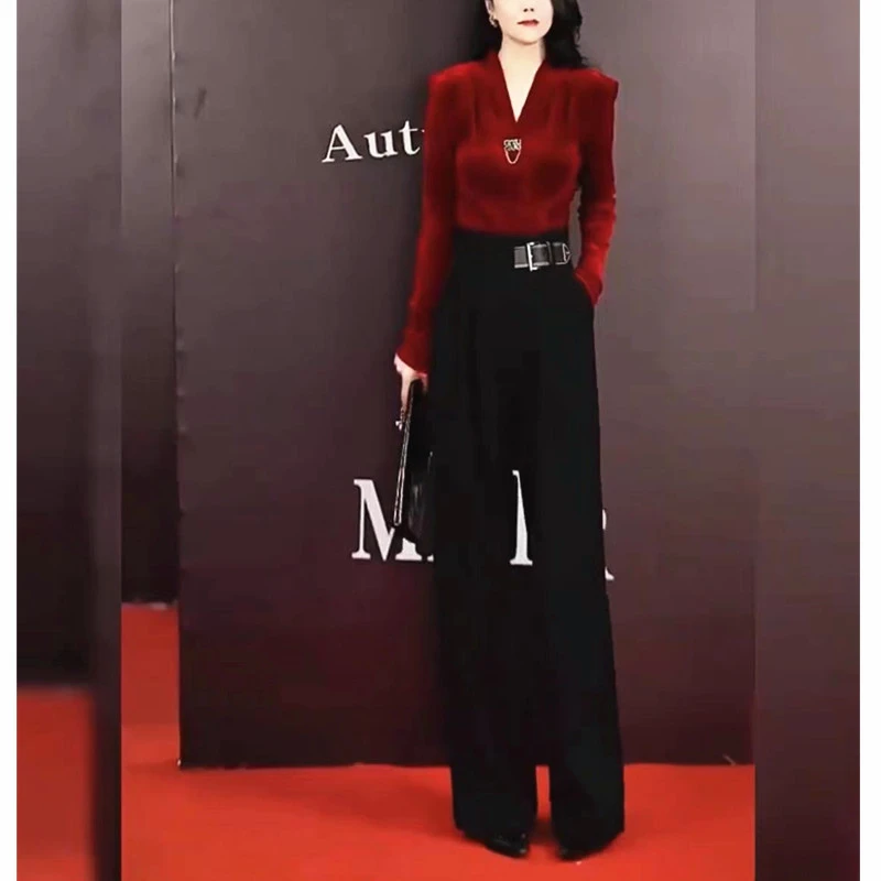2023秋冬新款韩版V领丝绒上衣时尚高腰阔腿裤女潮