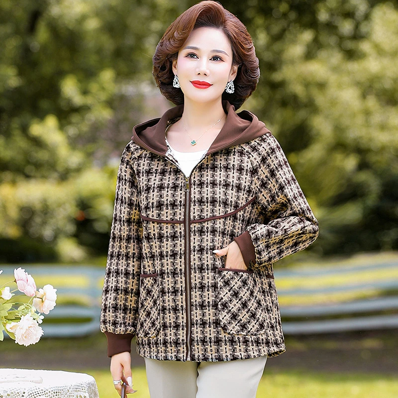 妈妈装春秋款外套洋气2024新款中老年女装气质时尚秋冬装连帽上衣