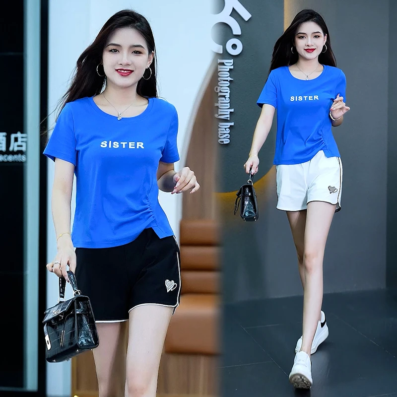 2025夏装新款女士短袖不规则设计感显瘦t恤阔腿三分裤洋气两件套