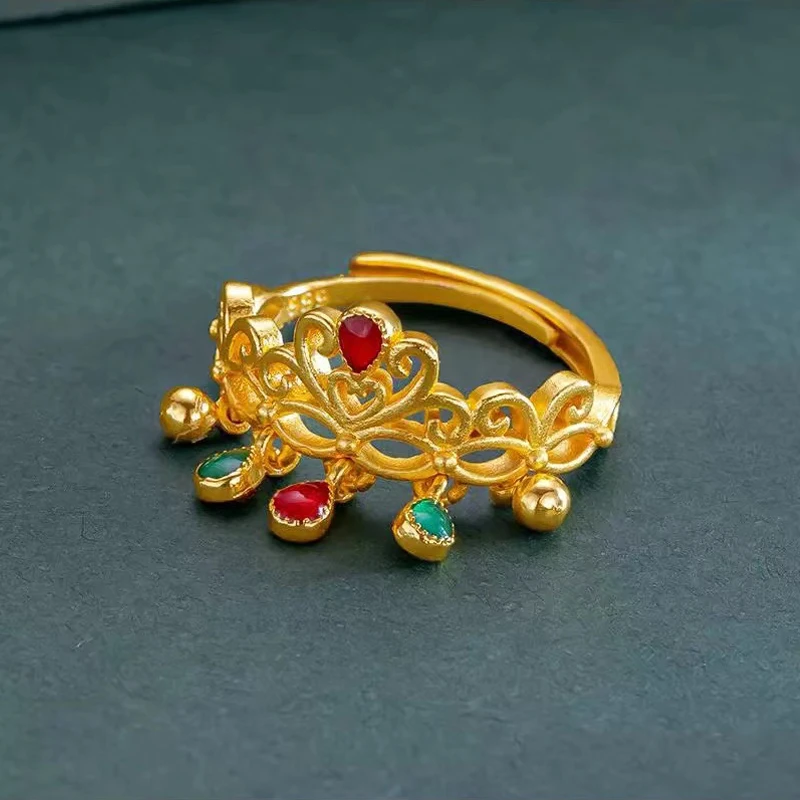 铜合金戒指 古法流苏珐琅皇冠戒指复古宫廷风女款指环开口可调节