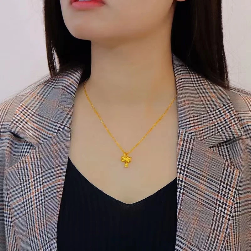 铜合金吊坠 轻奢小众宫玲蝴蝶结项链女锁骨链仿真黄金色颈链坠链