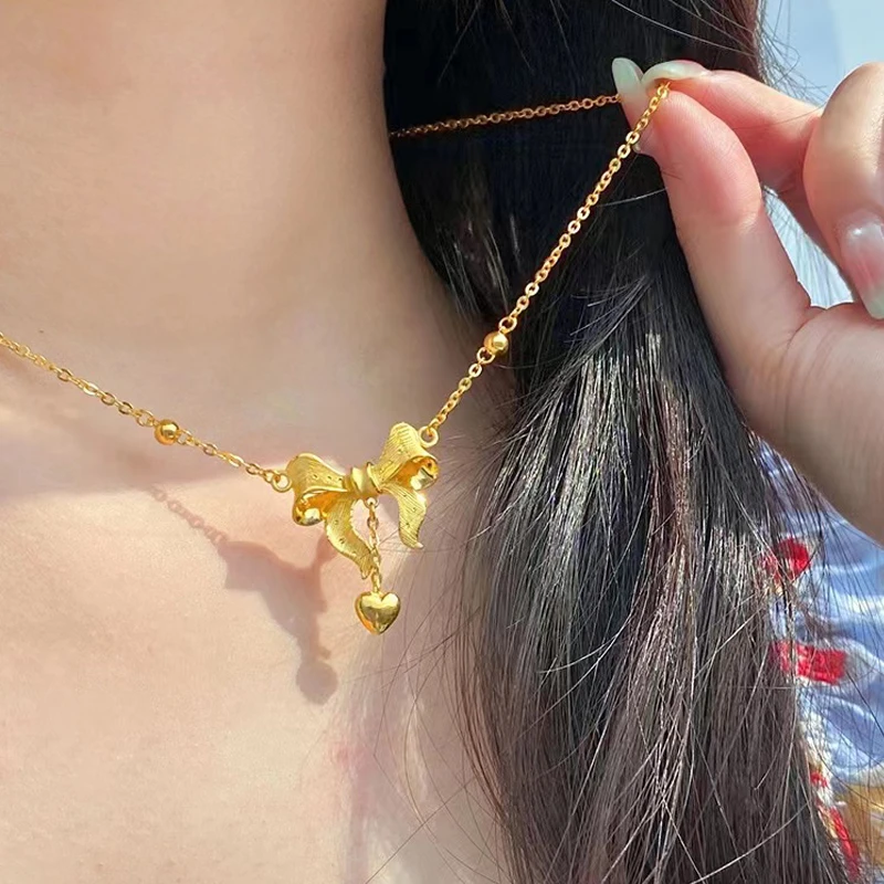 铜合金吊坠 精致设计小众仿真金色蝴蝶结项链吊坠女款锁骨链百搭