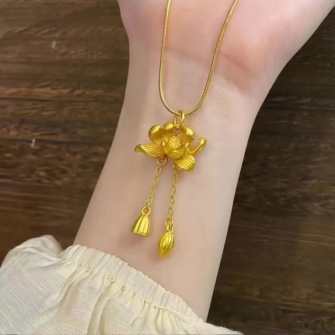铜合金吊坠 两世欢莲花项链女款古法荷花吊坠锁骨颈链小众编织绳