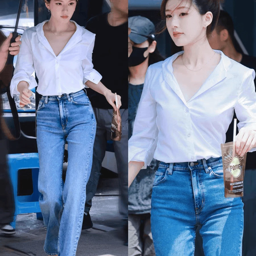 许我耀眼赵露思许妍同款白色v领别致衬衫小众高级感衬衣女上衣夏